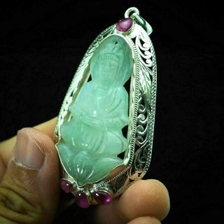 Vintage Green Jade Guanyin Quan Yin Ruby Sterling Silver Pendant Carved Jadeite