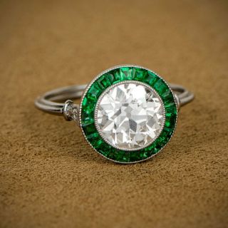 Art Deco Green Sapphire 925 Silver 2.  25 Ct Round Diamond Engagement Vintage Ring