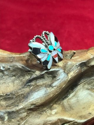 Vintage Zuni Inlay Sterling Silver Butterfly Ring sz 6 not signed 4