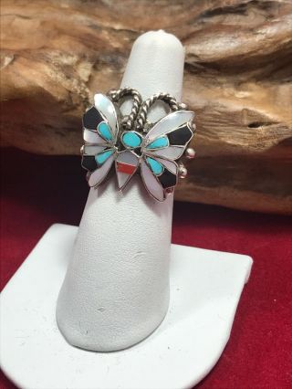 Vintage Zuni Inlay Sterling Silver Butterfly Ring sz 6 not signed 5