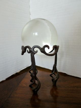 Vintage Clear Art Glass Ball On Wrought Iron Stand - - Very Unusual