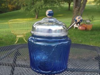 Vtg Hazel Atlas Cobalt Blue Royal Lace Toddy/cider Bowl With Lid And Ladle