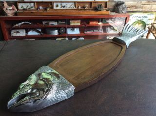 Paul Marshall Vintage Wood & Metal 35 " Salmon Fish Serving Tray Cutting Board