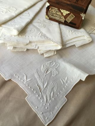 Set 7 Pc Vintage Madeira Hand Embroidered Linen Dinner Napkins