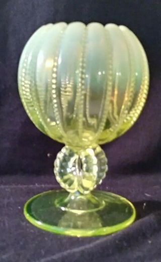 Vintage Northwood Yellow Opalescent Vaseline Glass Beaded Panel Rose Bowl Vase