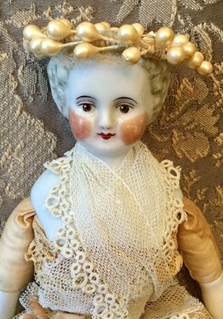 Lovely Antique China Head Blonde Doll In Vintage Lace Dress 9 1/2”