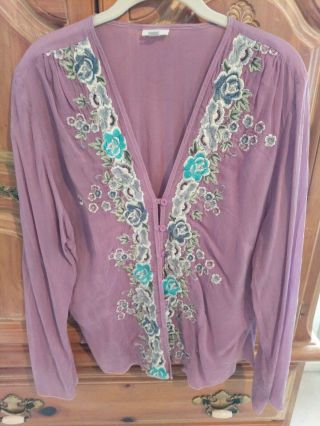 Johnny Was For J.  Jill M Vintage Rayon Gossamer Purple Embroidered Blouse Rare M