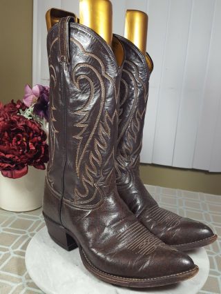 Vtg Tony Lama Choco Brown Caribou Exotic Leather Cowboy Boots Men Size 8.  5 Eee
