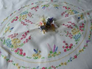 Vintage Hand Embroidered Tablecloth - Delicate Flower Circle & Gardens