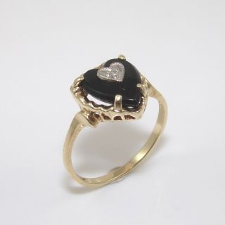 Vintage 10k Yellow Gold Black Onyx Diamond Accent Heart Ring Size 6.  25 Ggg