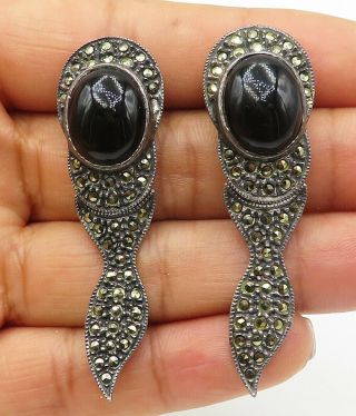 Judith Jack 925 Silver - Vintage Black Onyx & Marcasite Dangle Earrings - E5075