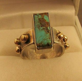 Vintage Southwest Turquoise Ring Sterling And 14 Kt Balls Size 5