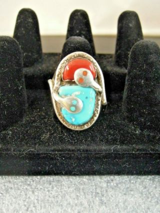 Effie Calavaza Vintage Zuni Sterling Silver Coral Turquoise Snake Ring Size 11