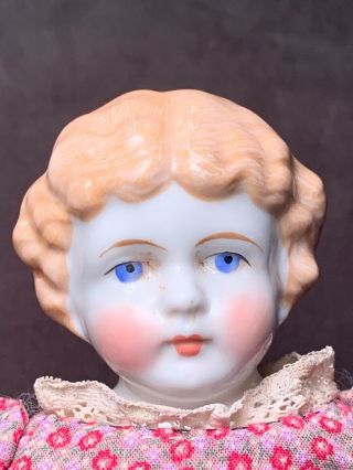 Antique German 13” Blonde China Head Shoulder Doll Center Part Blue Eyes