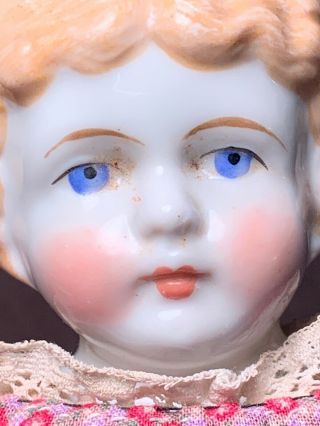 Antique German 13” Blonde China Head Shoulder Doll Center Part Blue Eyes 2
