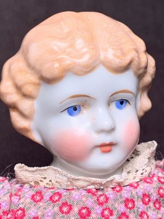 Antique German 13” Blonde China Head Shoulder Doll Center Part Blue Eyes 3