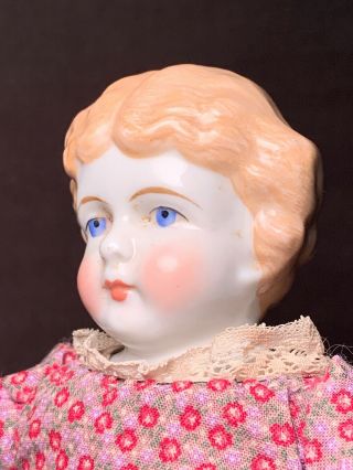 Antique German 13” Blonde China Head Shoulder Doll Center Part Blue Eyes 4