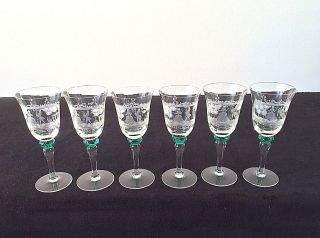 Set 6 Etched Figures Clear Glass Green Knob Stem Goblets Wine Glasses Vtg 7 " H