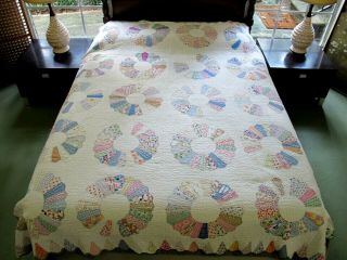 Vintage All Feed Sack Dresden Plate Applique Quilt,  " Ice Cream Cone " Borders