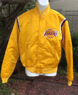 Vtg La Lakers Yellow Satin Jacket Mens L Starter Usa Made Stains Front Back Arms