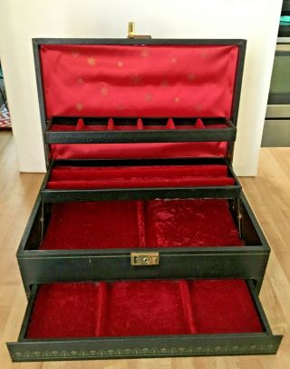 Vintage Mele Large Black Jewelry Box Red Velvet Lining W/ Key