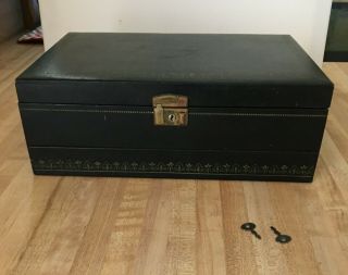 Vintage MELE Large Black Jewelry Box Red Velvet Lining w/ Key 2