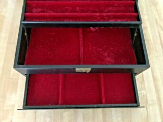 Vintage MELE Large Black Jewelry Box Red Velvet Lining w/ Key 4