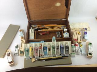 Vintage Mid Century Wooden Artist Supply Box W Paints Brushes Bottles Pallet
