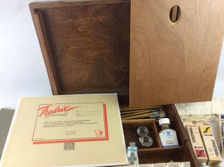Vintage Mid Century Wooden Artist Supply Box w Paints Brushes Bottles Pallet 7