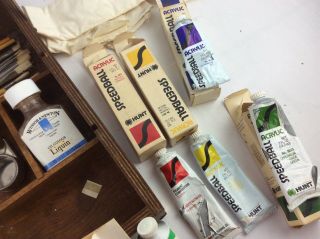 Vintage Mid Century Wooden Artist Supply Box w Paints Brushes Bottles Pallet 8