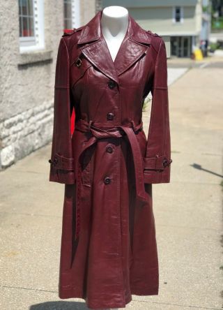 Vintage Etienne Aigner Burgundy Leather Full Length Belted Duster Trench Coat