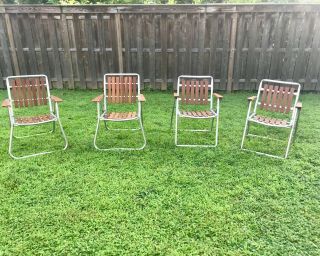 4 Vintage Redwood Wood Slat Folding Lawn Chairs Metal / Wood Armrests Midcentury