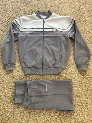 Vintage Men’s 1980s Adidas Track Suit Warm Up Jacket And Pants Size Large Gray