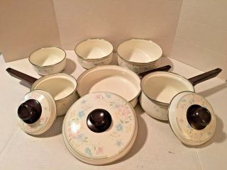 Vintage Flower Enameled 9 Piece Pots And Pan With Serving Bowls Set