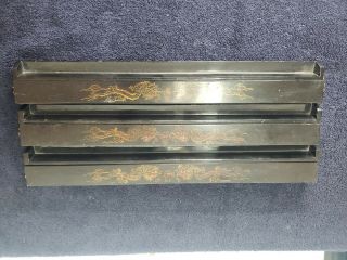 Set Of 3 Vintage Black Wooden Lacquered Mah Jong Racks Gold Dragon Motif