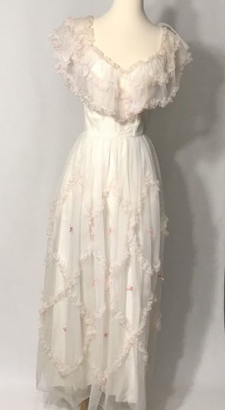 Womens Vintage White Pink Ruffle Gown
