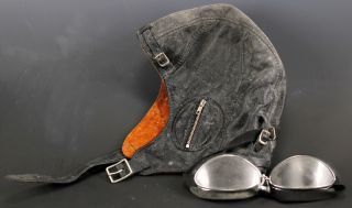 Vintage Leather Aviator Pilot Hat Cap & Goggles - Jeantet Steampunk Gear