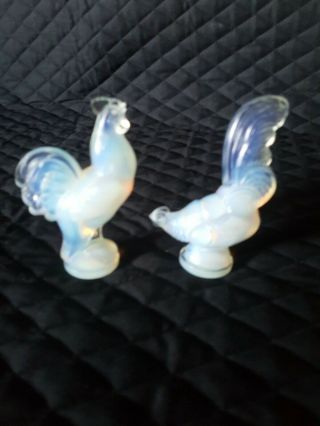 Set Of 2 - Vintage Sabino French Art Glass Opalescent Crystal Rooster Figurines