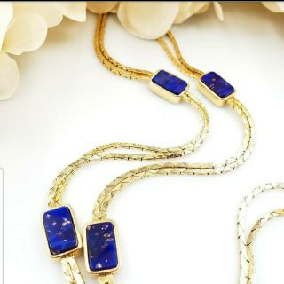 Vintage Christian Dior Faux Blue Lapis Long Gold Tone Necklace