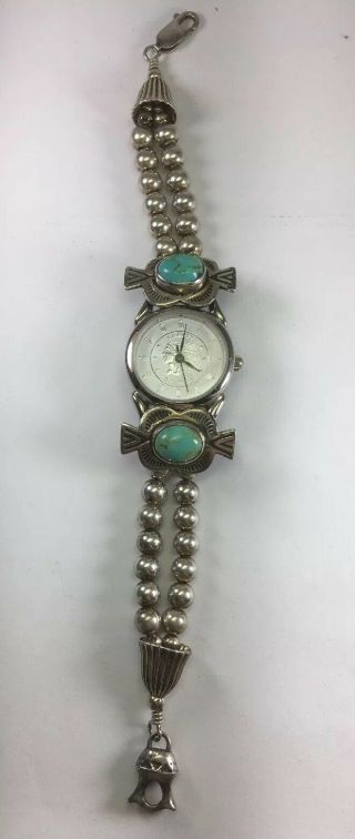 Vintage Sterling Silver & Turquoise Ball Bead Ladies Watch Bracelet 7.  3”