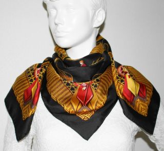 Vintage Auth Hermes silk scarf VOITURES PANIERS 90 J Abadie Black Gold 3