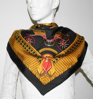 Vintage Auth Hermes silk scarf VOITURES PANIERS 90 J Abadie Black Gold 4