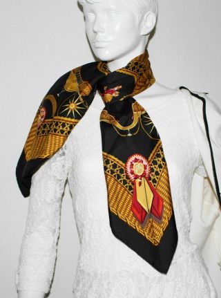 Vintage Auth Hermes silk scarf VOITURES PANIERS 90 J Abadie Black Gold 6
