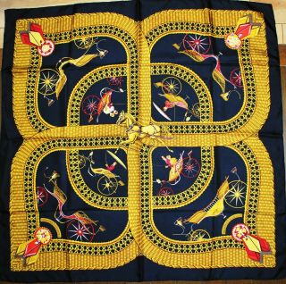 Vintage Auth Hermes silk scarf VOITURES PANIERS 90 J Abadie Black Gold 7
