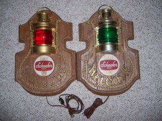 Vintage Pair Schaefer Beer Light Signs,  Nauticual Red & Green Welcome Lanterns