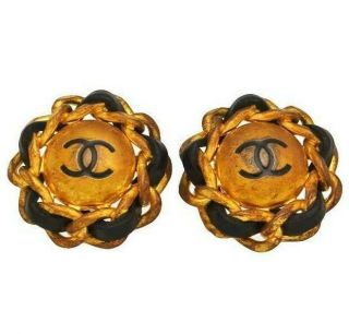 Authentic Vintage Chanel Earrings Cc Logo Round Black Leather Ea1797