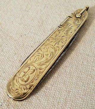 Vintage 14k Gold Cased Esemco Fob Folding Knife Etched B Monogram