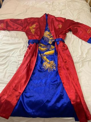 Vintage Blue And Red Hand Embroidered Reversible Dragon Kimono Robe Silk Pockets