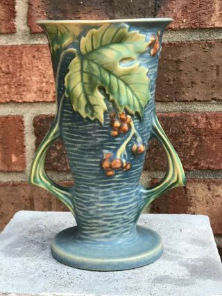 Vintage Roseville Bushberry Blue Handled Vase 30 - 6 " Arts & Crafts Pottery