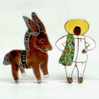 Vintage Margot De Taxco Mexico Sterling/enamel Donkey & Male Figure Pins Signed